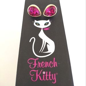 S.A.L. Signed Hot Pink Faceted Swarovski Crystal Tear Drop Gold Earrings